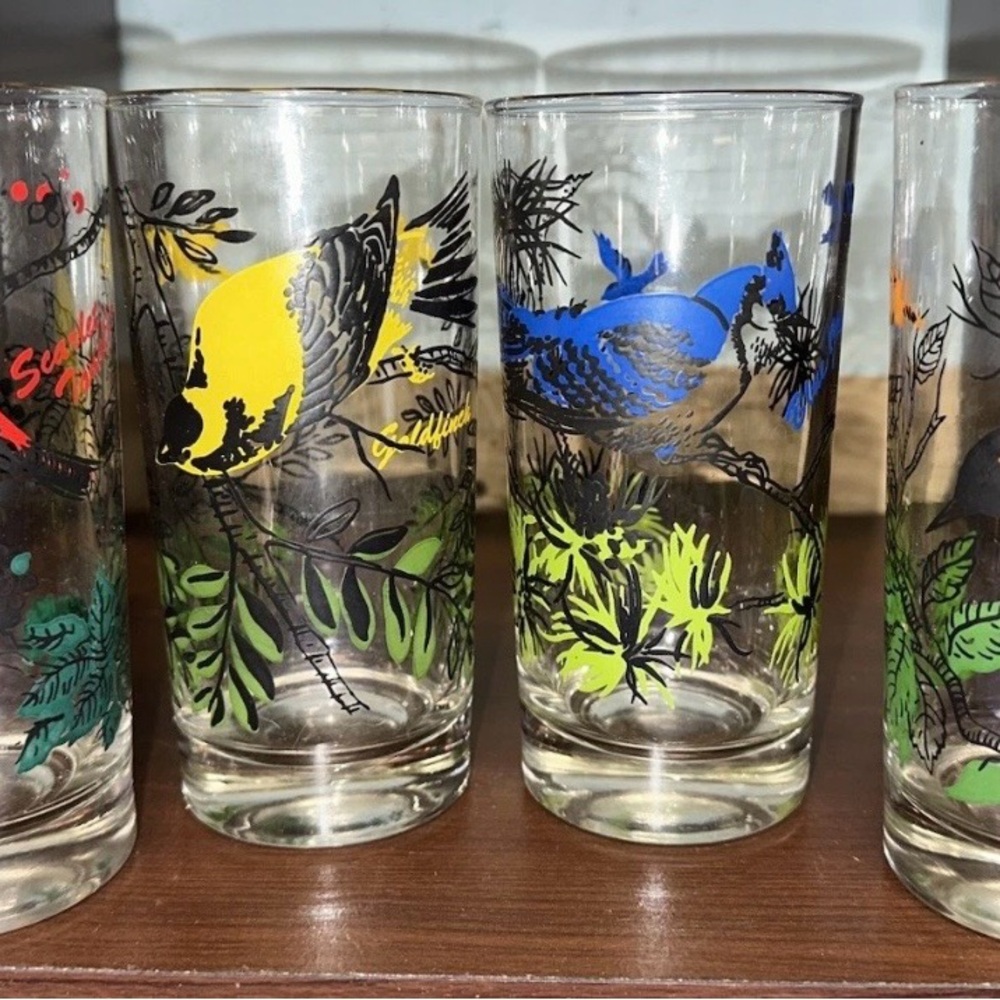 4 VTG Arcoroc France 12 oz‎ Glasses Orioles Blue Jay Goldfinch Scarlet Tanager